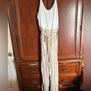 White and Tan Sleeveless Jumpsuit